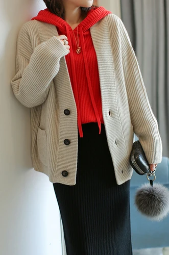 Apricot Cashmere Cardigan Women's Thicken Loose V-neck Sweater Jacket Women's Korean Cardigan Knit Cardigan Women - Цвет: Apricot