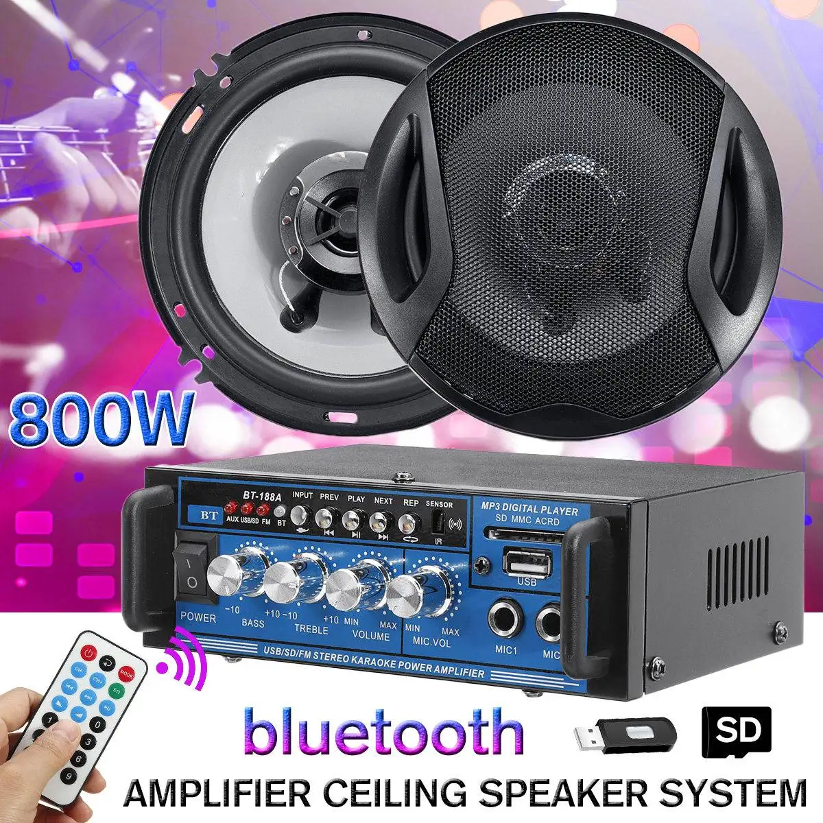

bluetooth Amplifier Home Stereo Power Audio HIFI Amplifier with 6.5inch Ceiling Speaker Kit USB Remote Subwoofer 80W