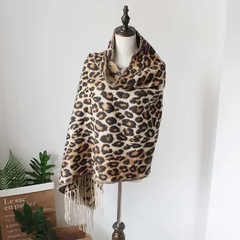 

Europe and the United States autumn and winter leopard imitation cashmere jacquard ladies tassel thickening shawl long scarf sca