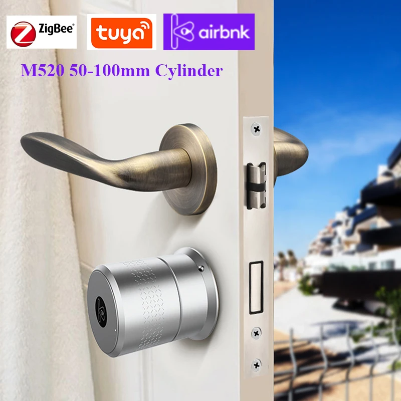 US $106.11 Airbnk M520 Tuya Zigbee EU Smart Lock Cylinder Fingerprint Lock Bluetooth For Door 50100mm Thickess WIFI App Unlock Smart Home