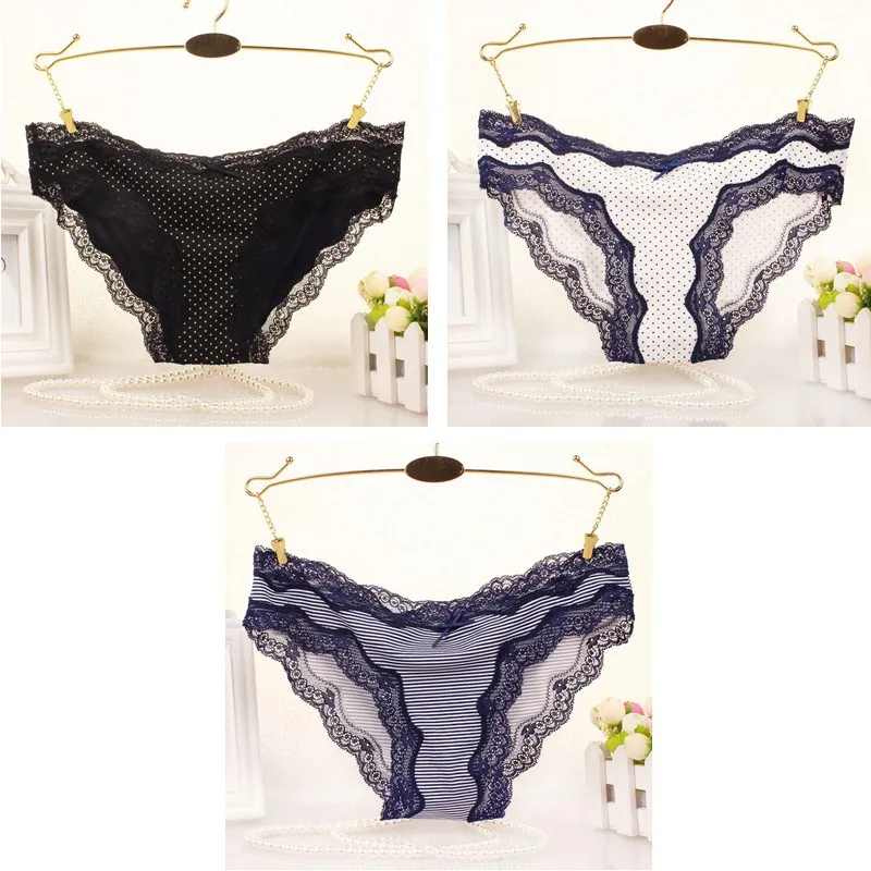 FallSweet 3 pcs/pack! Lace Underwear Sexy Briefs Women Panties Lingerie S to XL Comfort Briefs - Цвет: blackwhiteblue