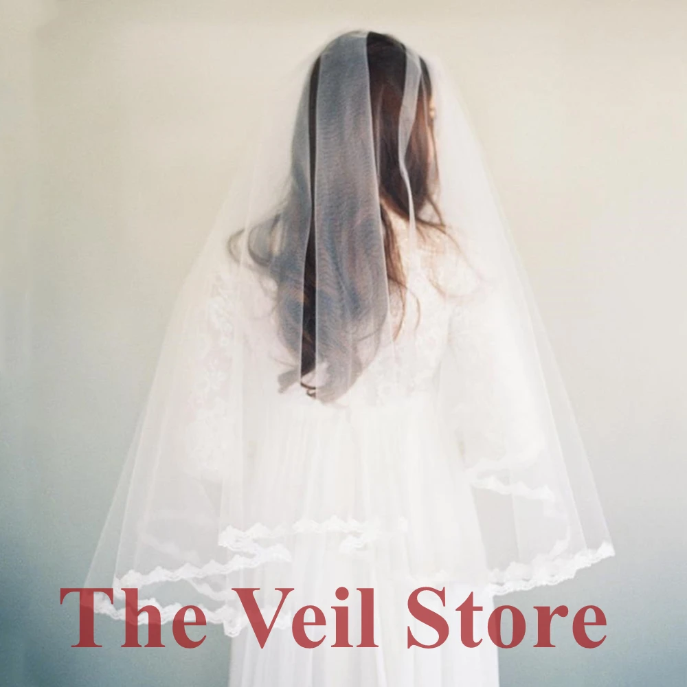 ISHSY Women Short Lace Appliques edge Wedding Bridal Veils Tulle Veils for bride with comb Voile de mariee mariage velo de novia