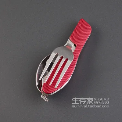 Outdoor Folding Tableware Stainless Steel Pocket Knife Fork Spoon Bottle Opener Camping Picnic Tool Set - Цвет: Красный