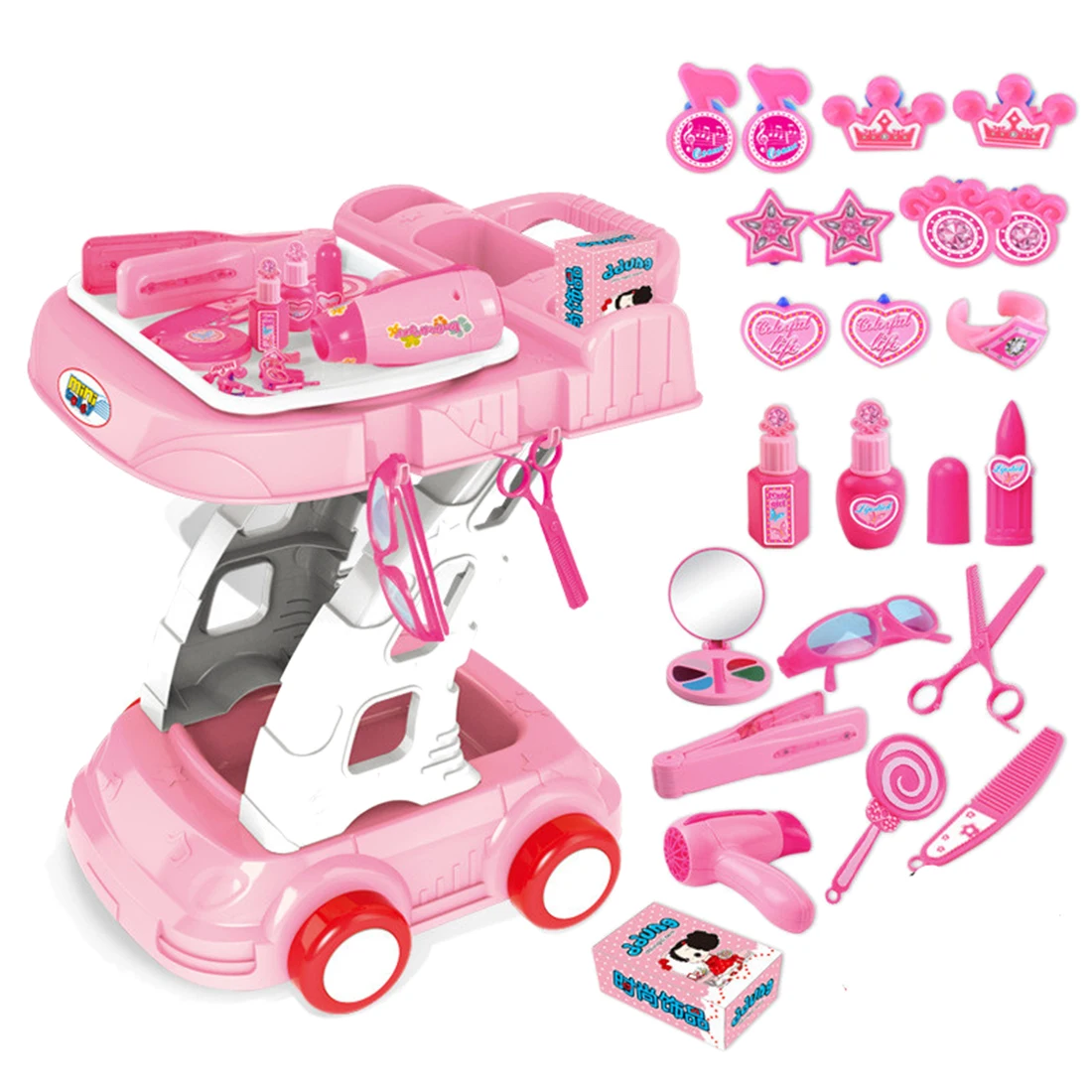 

26Pcs Girls Simulation Makeup Kit Pretend Hairdressing Tool Set - Pink