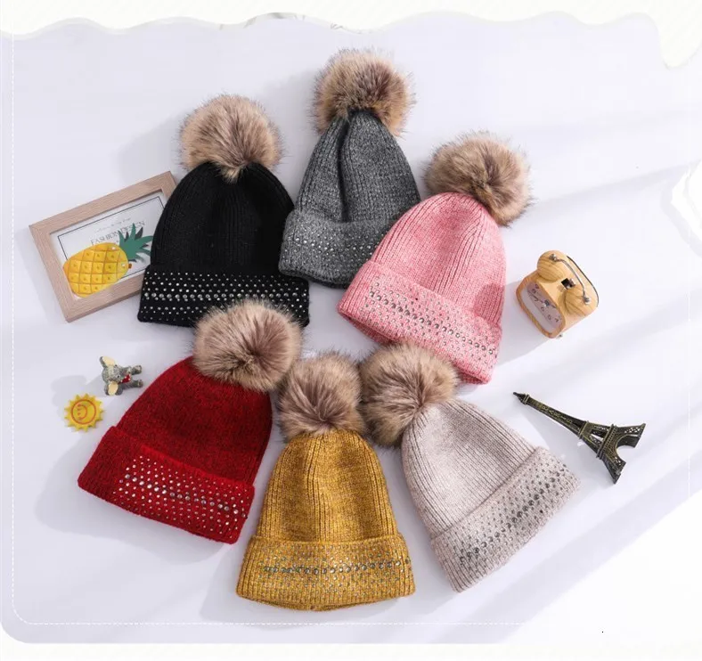 Женская осенне-зимняя Мягкая вязаная шапочка шапка Skullies Beanies со стразами Вязаная Шерстяная Шапка Повседневная модная женская теплая шапка s