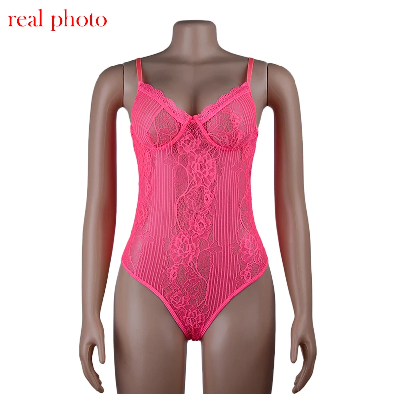 Ellolace Neon Pink Lace Mesh Bodysuit Women Sexy Transparent Summer Backless Bodycon Overalls Female New Slim Black Bodys