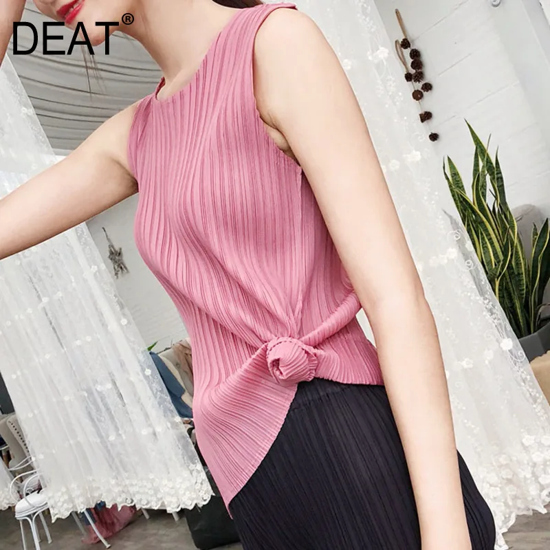 

[DEAT] 2019 Summer New Patter Casual Style Sleeveless Fold Solid Color Loose Comfortable Fashion Trend O Collar T-shirt AI199