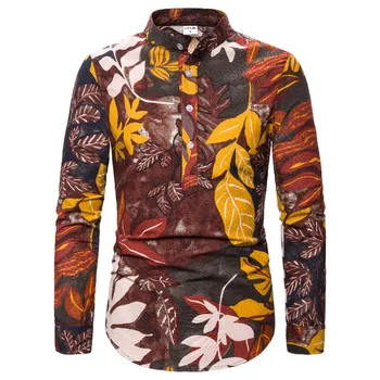

Fashion Leaf Print Cotton Linen Shirt Men Camisa Social Masculina 2019 Brand Slim Fit Long Sleeve Mens Dress Shirts Henley Shirt