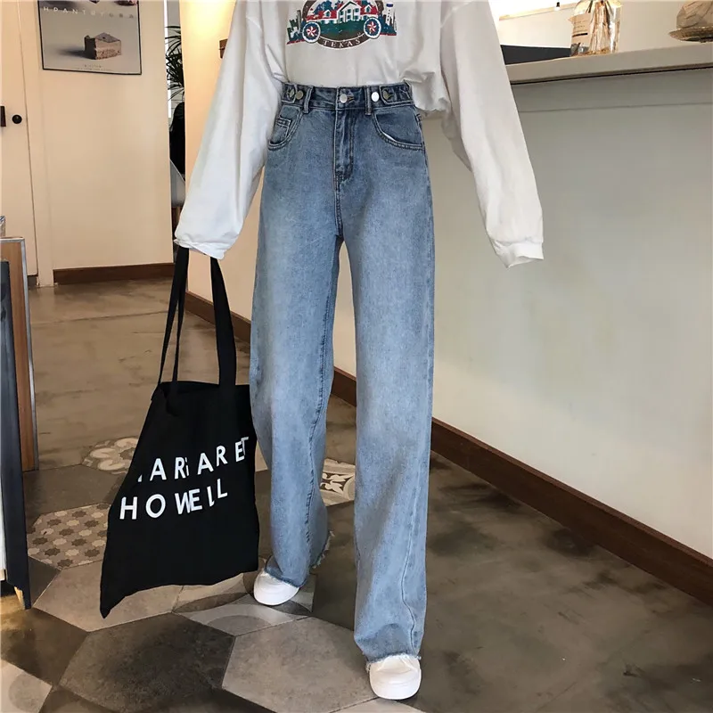 Осенние новые корейские ins Harajuku винтажные простые джинсовые широкие брюки с высокой талией женские Модные свободные однотонные повседневные женские джинсы