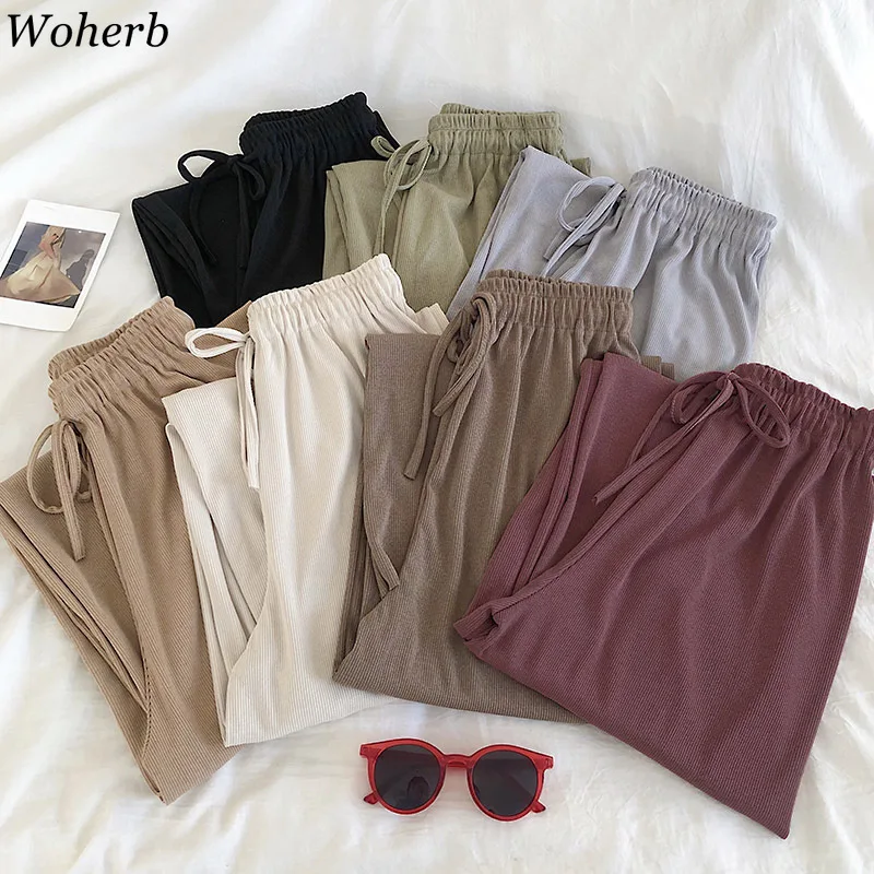 

Woherb High Waist Casual Loose Wide Leg Pants Female Lace Up Straight Long Trousers Women Trendy Fashion 2020 Spring New 91607