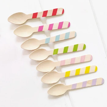 

20pcs Mini Disposable Wooden Spoon Colored Stripes Ice Cream Spoon Dessert Scoop Birthday Party Wedding Tableware Kitchen Tools