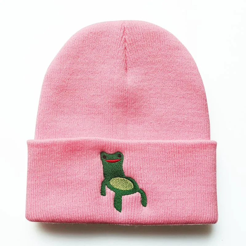 Froggy Chair Embroidered Beanie for Men Women Frog Hat Winter Warm