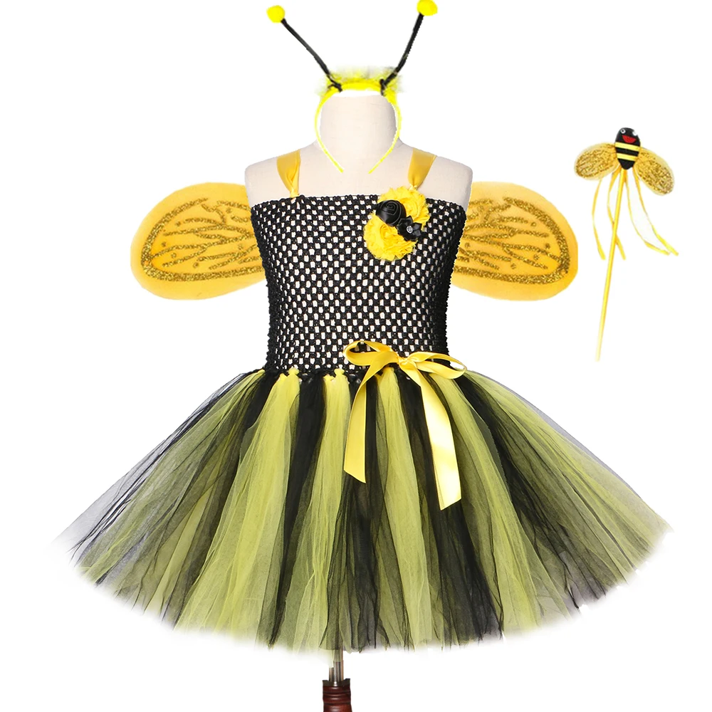 

1 Set Bee Girls Tutu Dress Yellow Black Honeybee Fairy Costume Dress Outfit Kids Girls Halloween Masquerade Party Fancy Dresses