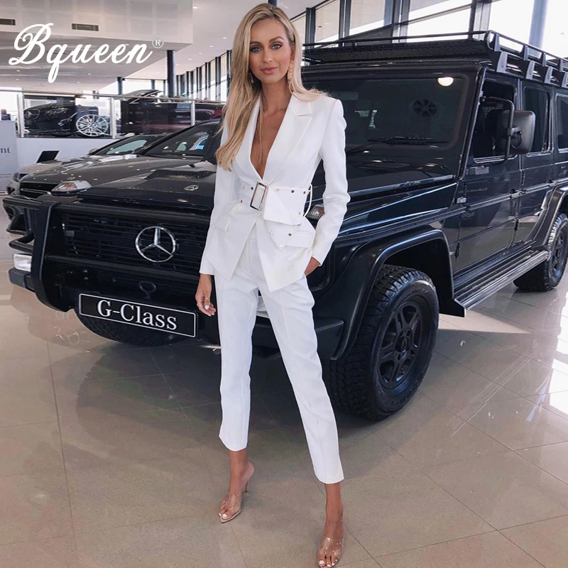 Женский офисный костюм Bqueen блейзер с отложным воротником и длинные брюки поясом