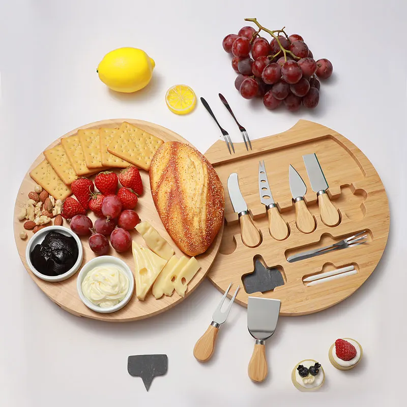 

Bamboo Cheese Board Set, Rotatable Round Cheese Cutting Board Cutlery Knif Set Cheese Slicer Fork Scoop Cut Wooden Cutting Board