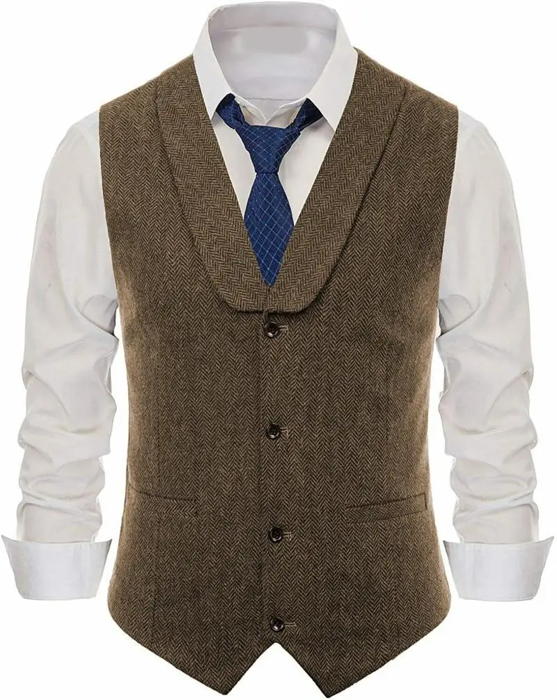 Men's Wool Slim Fit Leisure Cotton Suit Vest Gentleman Herringbone Pattern Waistcoat Beckham Business Brown Wedding Groom Vests | Мужская