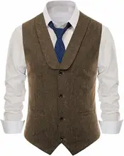 Men's Wool Slim Fit Leisure Cotton Suit Vest Gentleman Herringbone Pattern Waistcoat Beckham Business Brown Wedding Groom Vests