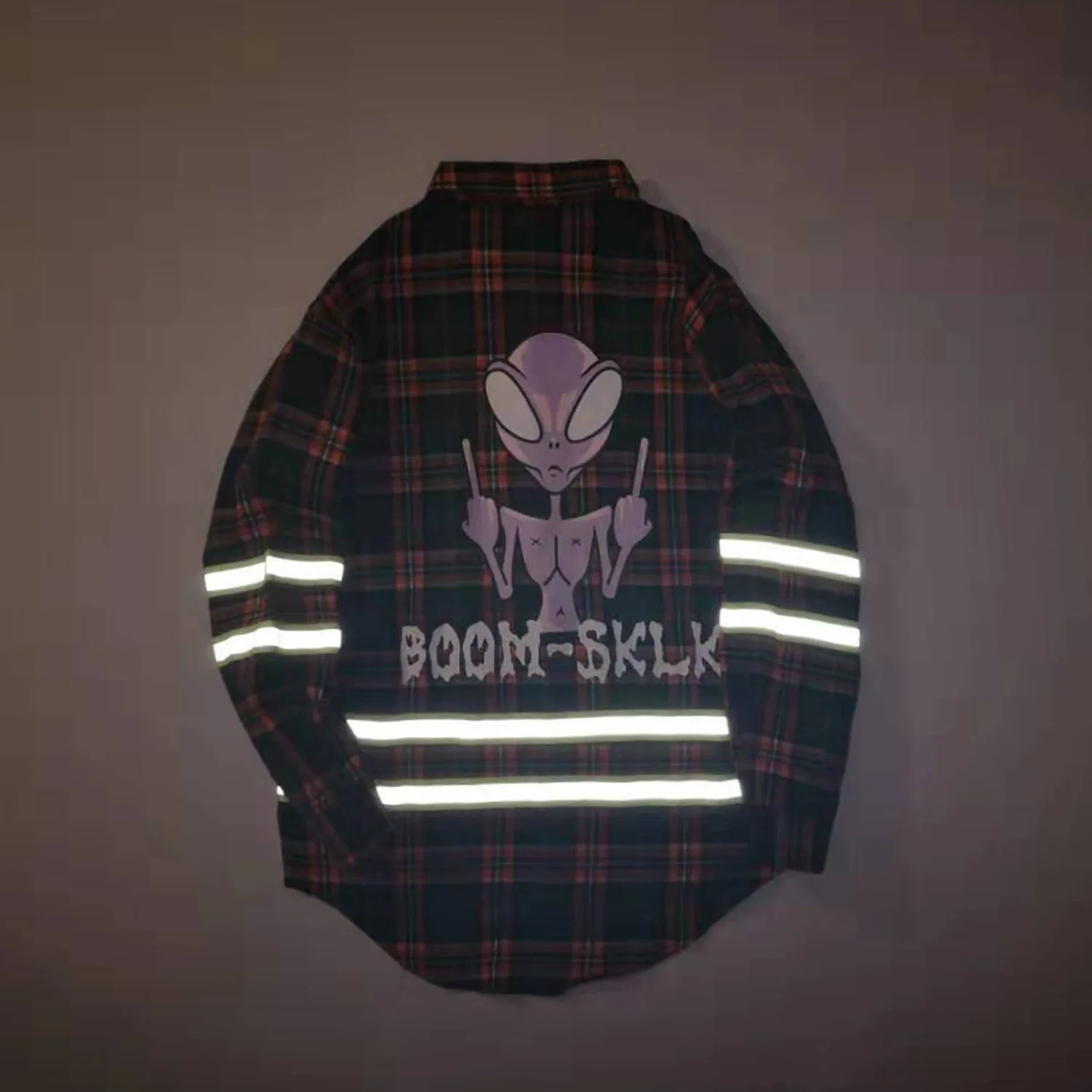 1417 Alien принтом с длинным мужская клетчатая рубашка Длинные рукава 3M Светоотражающие уличная одежда в стиле «хип-хоп», рубашки для Для мужчин корейской моды осень