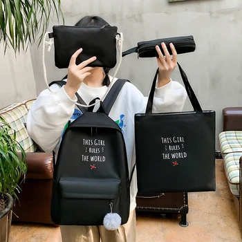 

4 Piece Set Women Backpack Canvas School Bag For Teenage Girls Large Capacity Rucksack Anti Theft College Bags Mochilas Female
