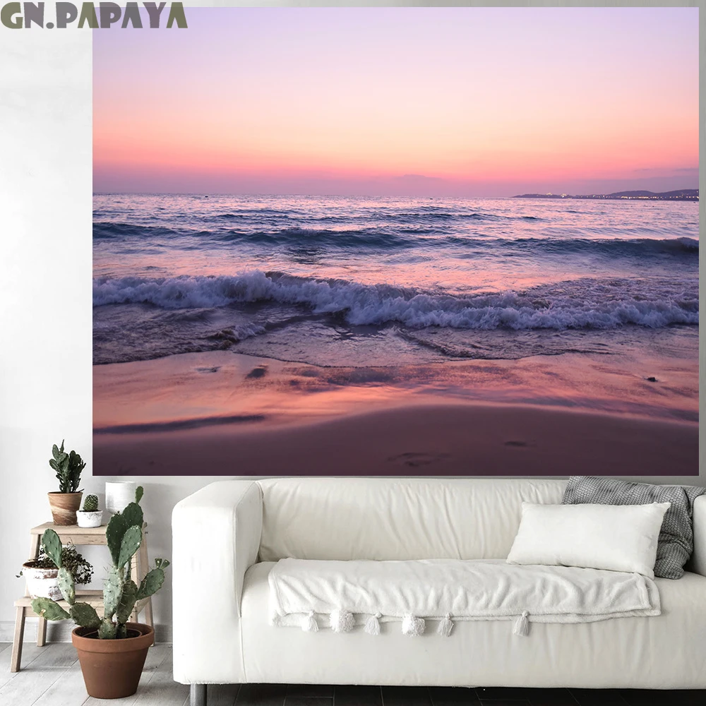 Beach at dusk sea tapestry Scenic Wall Hanging farmhouse decor wave goblen landscape boheme Polyester Yoga mat beach tapestry