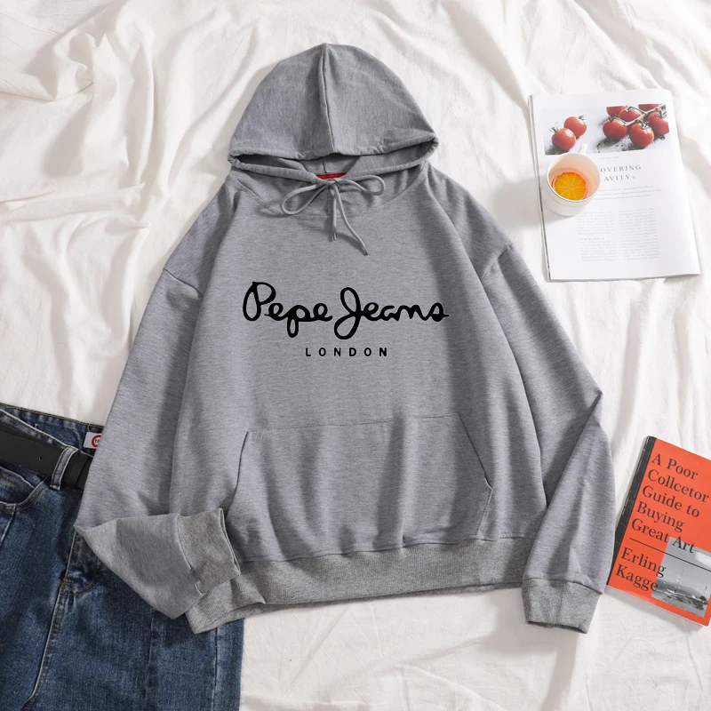 Серый LONDON Long Sleeve Casual Pure Color Women Clothing Pullovers Hoodies hooded hoodies drawcord women autumn sweatershirt - Цвет: Серый
