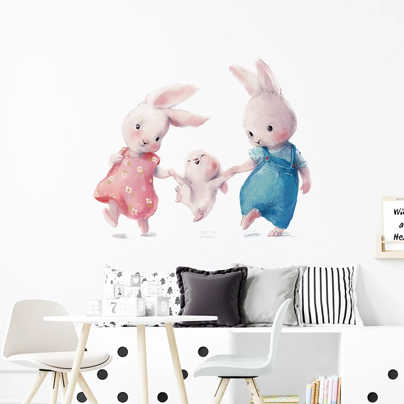 New Style Bunny Happy Family Wall Stickers for Kids Room Baby Nursery Room Wall Decals Home Decor Removable Decor Living Room