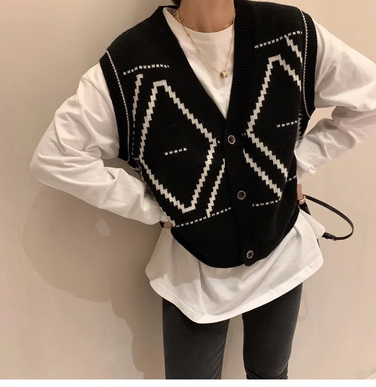 

Fall 2021 Women Clothing Loose Sleeveless Sweater Women Vest Sweaters Knitting Vest Joker Knitted Oversize Girls Cardigan Tank