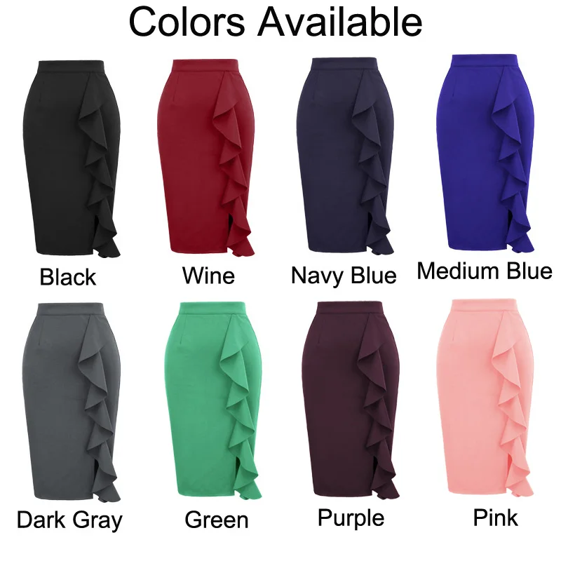 Женская юбка карандаш украшенная большими оборками разрезом спереди и бедрами