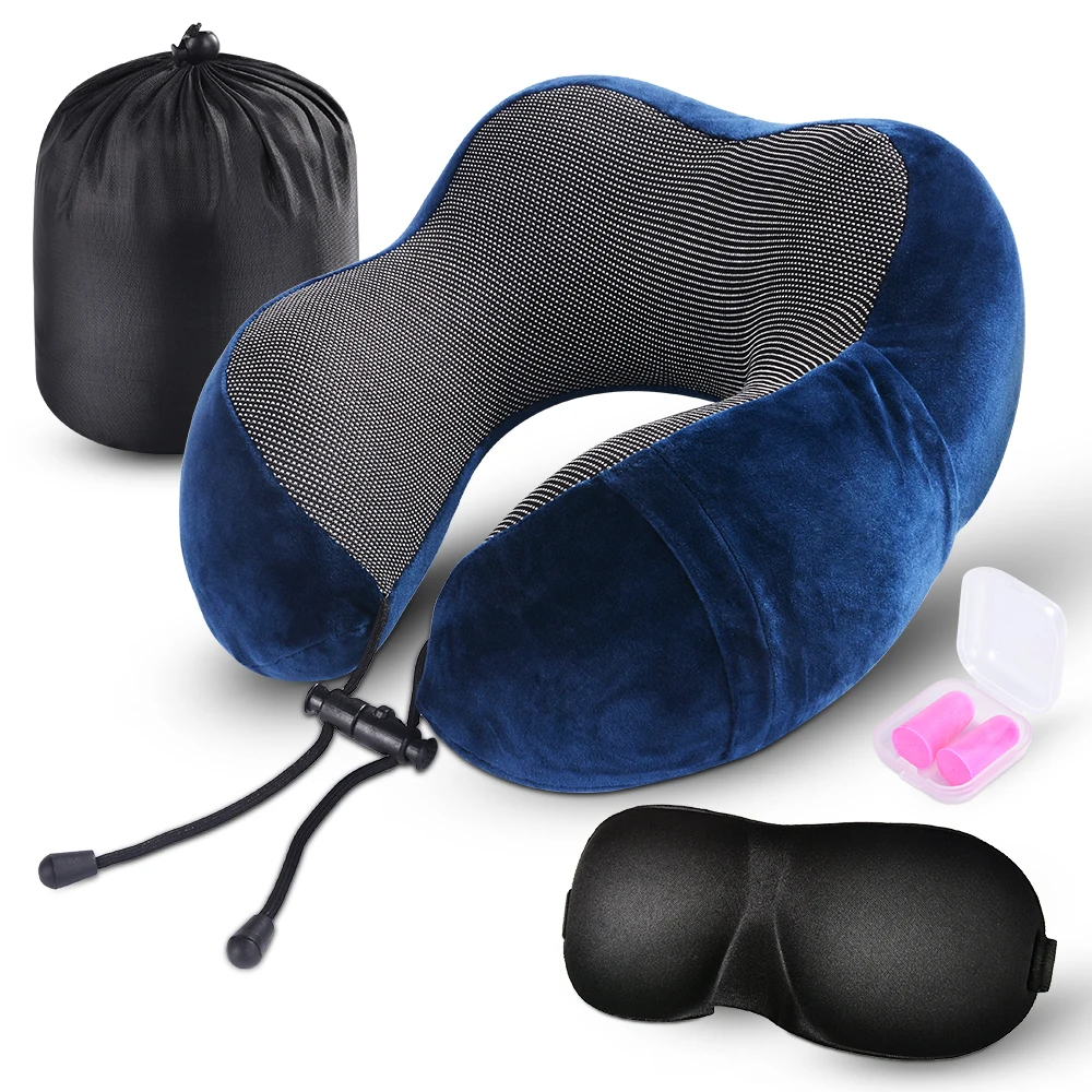 Urijk Подушка u-образной формы для путешествий с эффектом памяти, массажные подушки для шеи, постельные принадлежности, набор для путешествий с 3D масками для глаз, беруши, роскошная сумка - Цвет: Navy