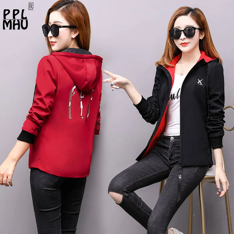 

Coats And Jackets Women Two Side Wear Fashion Casual Hoodie Outwear Zip Hooded Windbreaker Jaqueta Feminina Basic Streetwear New