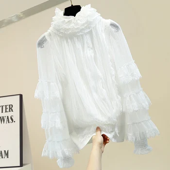 

Lace Panel Piles Collar Knitted Blouse Woman Fashion Layers Lotus Leaf Bell-Sleeve White Shirt Ladies Fashion Blouse Blouses