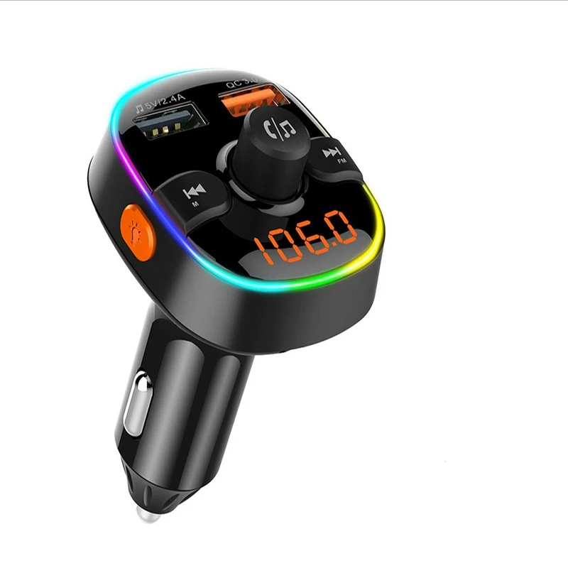 Автомобильный комплект громкой связи беспроводной Bluetooth fm-передатчик MP3 плеер с 3.0A Быстрая зарядка двойной USB зарядное устройство Красочный светильник - Название цвета: Black