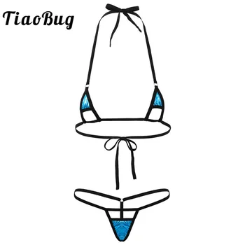 

Women's Sexy Underwear Shiny Metallic Micro Mini Bikini Lingerie Set Halter Tie-on Triangle Bralette Bra Top with G-String Thong