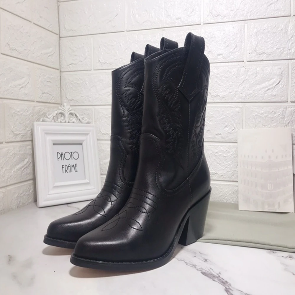 

Chueyz Women New Black Genuine Leather Slip On Women Boots Pointed Toe Thick Heel Med Heel Spring Autumn Boots High Quality