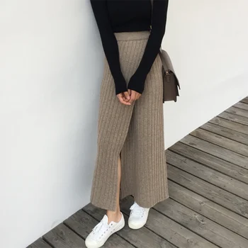 

Long Pencil Skirt Women Autumn Winter Knitted Skirt High Elastic Waist Office Lady Open Split Casual Vintage Maxi Skirt V977