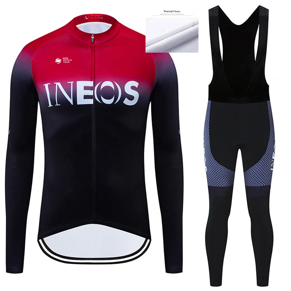 Зимняя команда INEOS, велосипедная майка, велосипедные штаны, набор, мужские, Ropa Ciclismo, термо, флис, для велоспорта, одежда для велоспорта, 12D гелевая подкладка - Цвет: Red Set 2