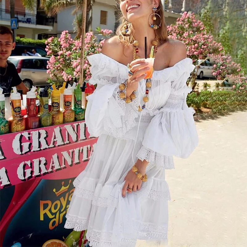 Женское Платье До Колена Boho Белое Кружевное с открытыми плечами в стиле пэчворк