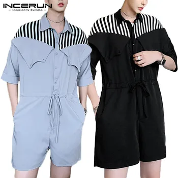 

INCERUN 2020 Fashion Men Rompers Loose Streetwear Lapel Half Sleeve Jumpsuit Summer Overalls Patchwork Casual Trousers Men S-5XL