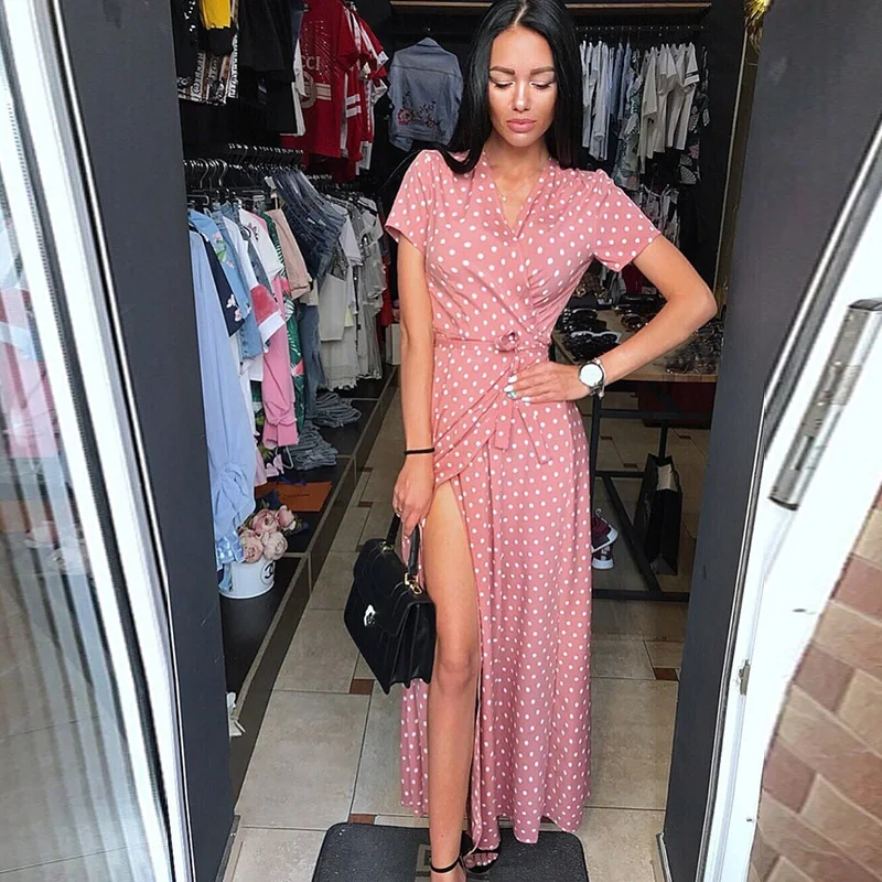 Женское длинное платье в горошек с коротким рукавом и v-образным вырезом | Женская