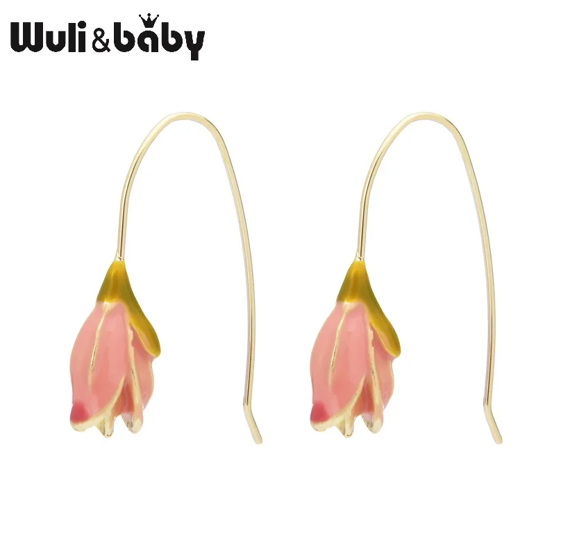 Wuli& baby, розовые, голубые эмалированные серьги в виде цветка, женские серьги-подвески в Корейском стиле, подарки