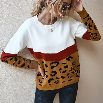 

Fashion Autumn Winter Women Leopard Patchwork Knitting Jumper Casual O-Neck Long Sleeve Sweater Loose Pullovers Top Plus Size#g3