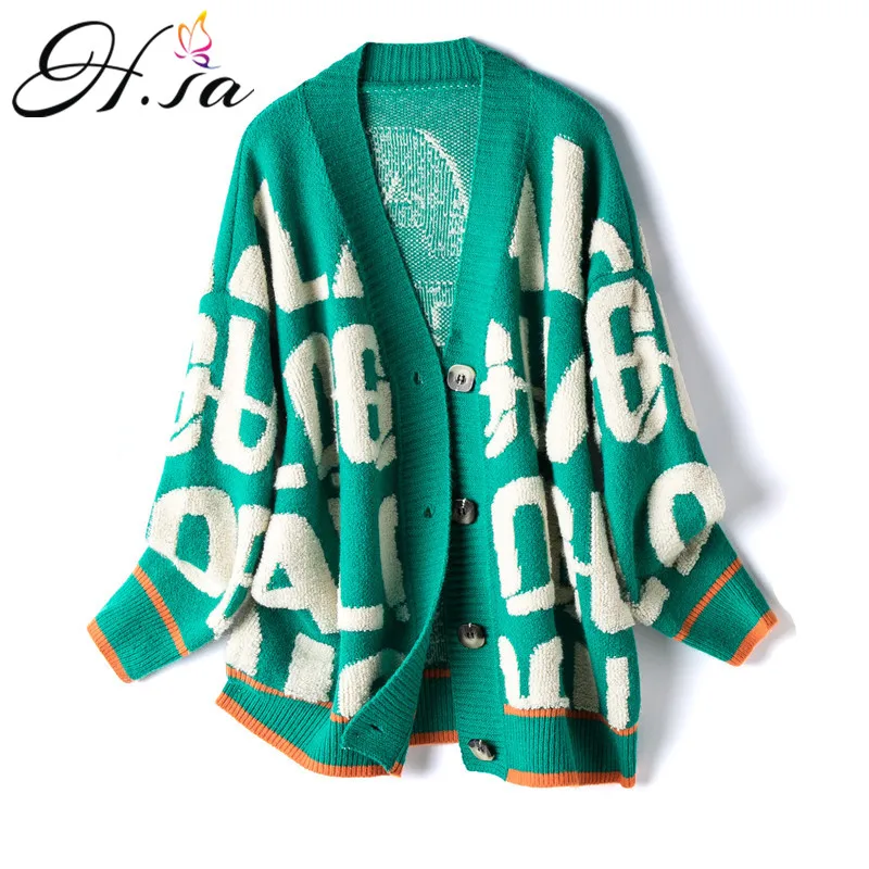 H.SA 2021 Women Casual Sweater Cardigans Long Sleeve Letters Caridgan Female Knitted Jacket Appliques Oversized Coats |
