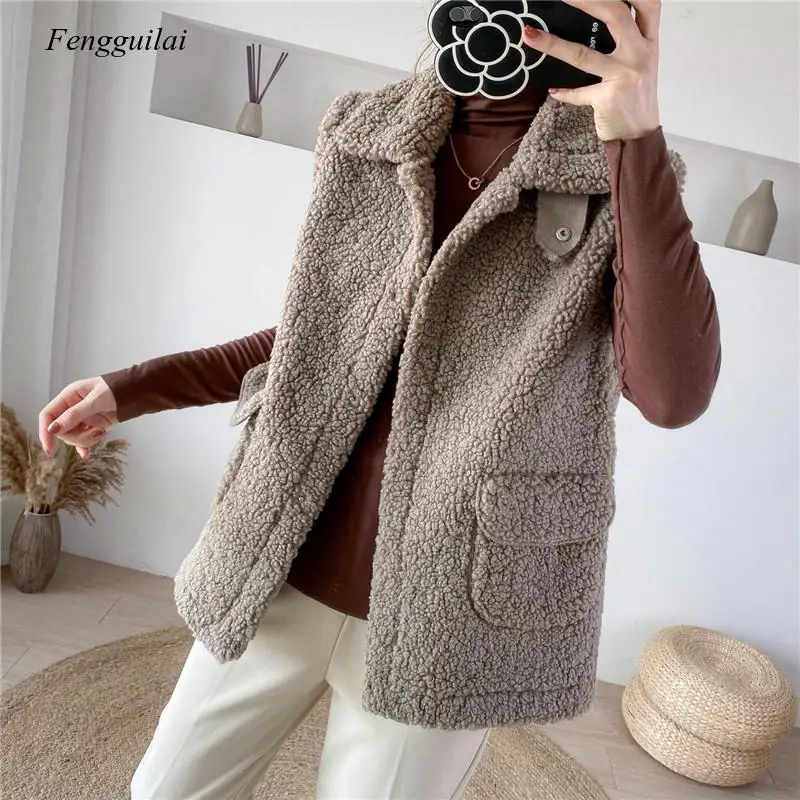 

2020 Winter Vest Jackets Lamb Wool Thicken Warm Waistcoat Women Turn Down Collar Hidden Button Pockets Outwear Sleeveless Coat