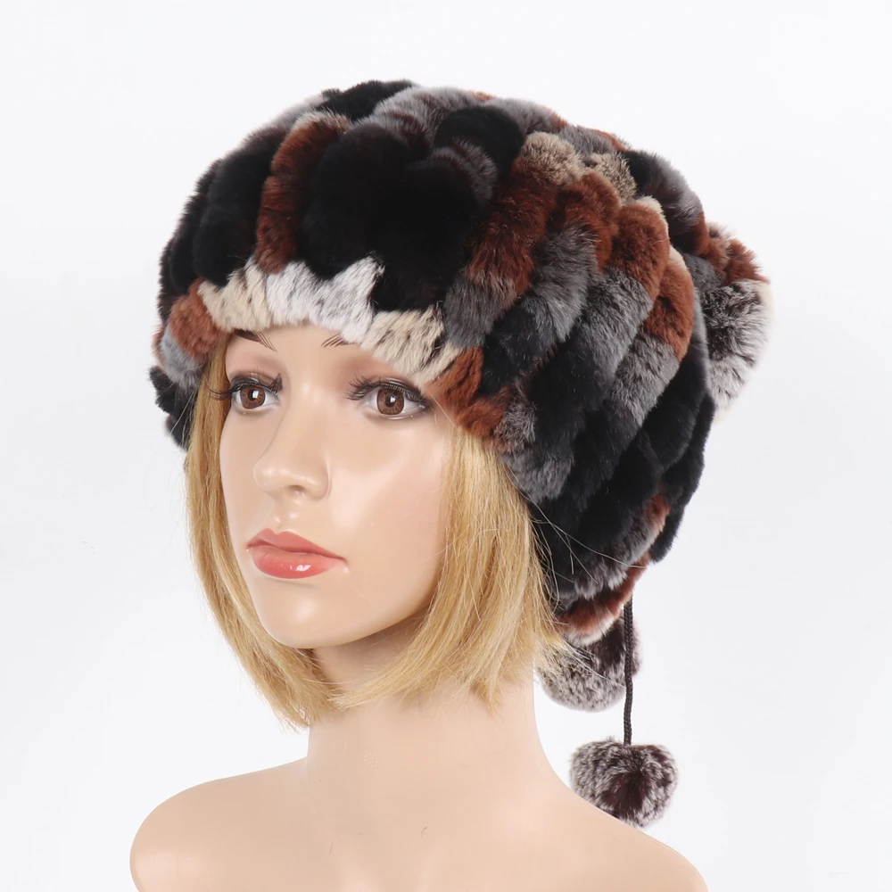 2025 New Lady Real Rex Rabbit Fur Hat Natural Warm Rex Rabbit Fur Hat Scarf Women Hand Knitted Soft Real Rabbit Fur Caps Scarves 2