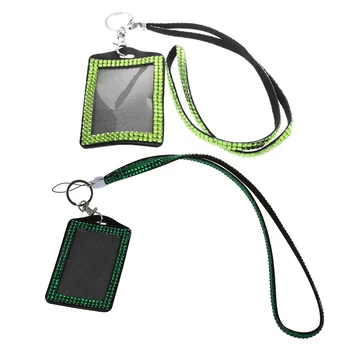 

2 Pcs Rhinestone Bling Crystal Custom Lanyard Vertical ID Badge Holder (Dark Green & Light Green)