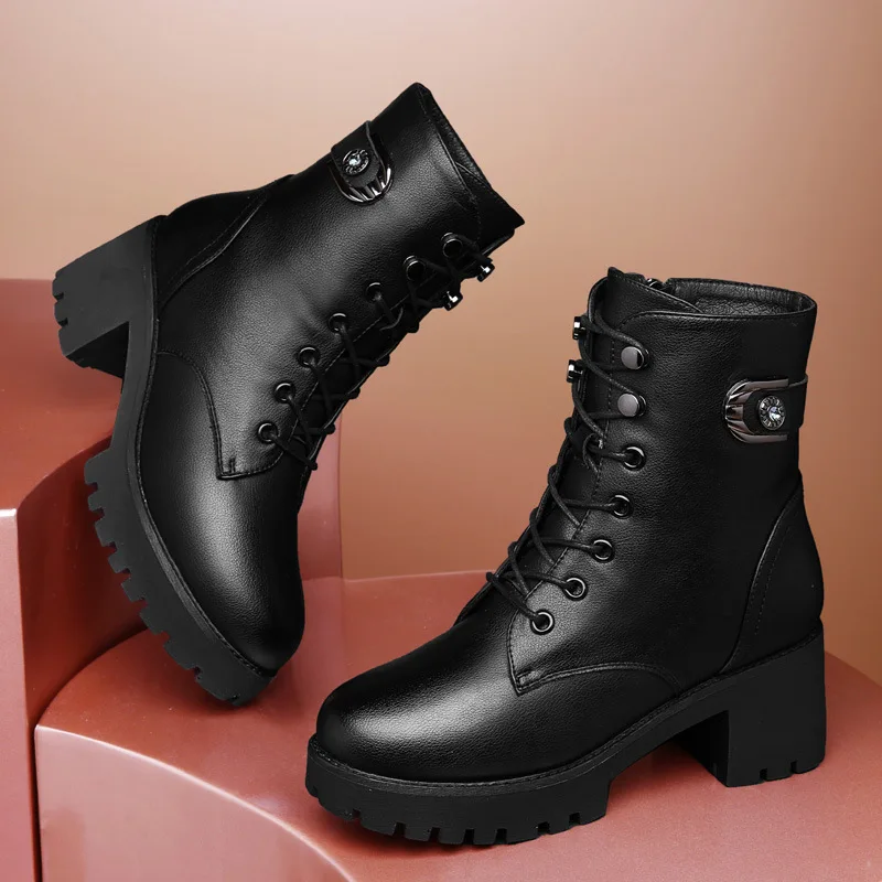 

Second Layer Scalp round-Toe Chunky Heel Boots Side Zipper Fashion Fashion Boots Waterproof Platform WOMEN'S Shoes Centennial 20
