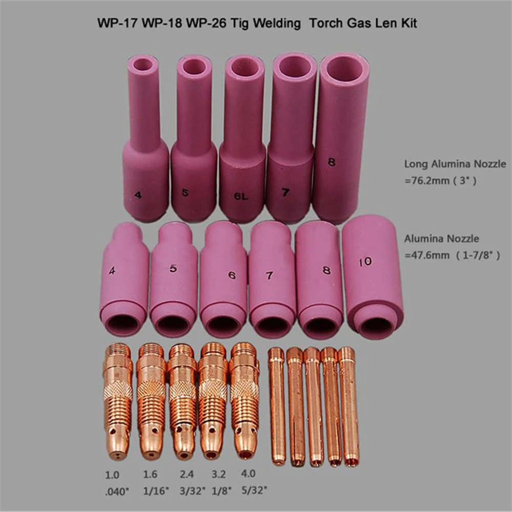 

TIG Accessories KIT Long Alumina GAS Lens Nozzle & Collets Bodies Fit TIG TIG Welding Torch WP SR 17 18 26 Series 21PK