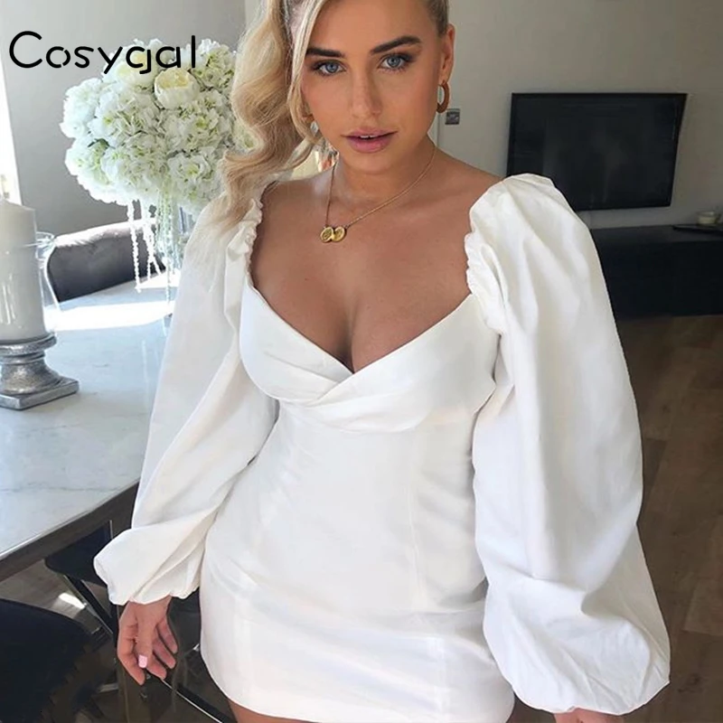 COSYGAL, модное белое Клубное платье с пышными рукавами, женские вечерние сексуальные платья с открытой спиной, осенне-зимнее платье с длинным рукавом