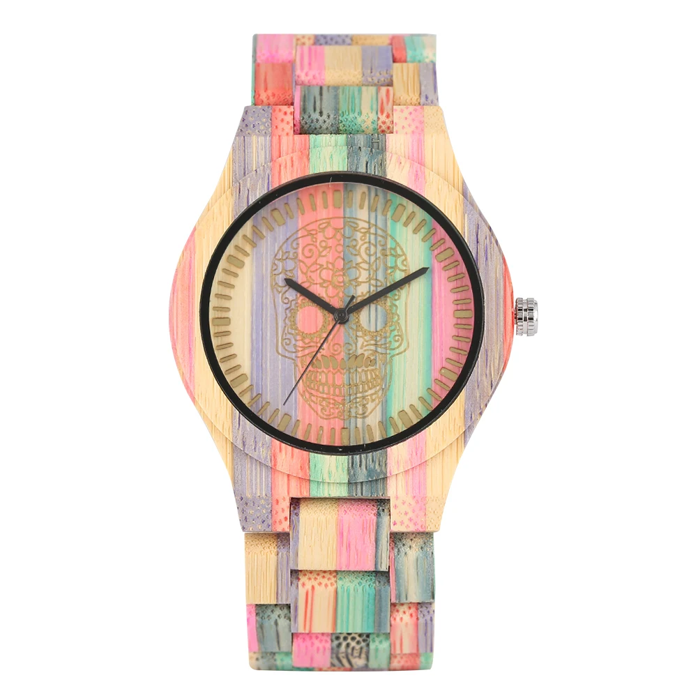 Quartz Wooden Watch Unique Skeleton Pattern Dial Wooden Watches Colorful Bamboo Wood Band Women Bangle Watch Men's Wrist Watches - Color: men size