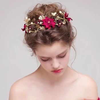 

Handmade Jewelry Wedding Bridal Crystal Rhinestone Pearl Red Flower Headband Tiara Headpiece Hair Accessories Hairband Prom